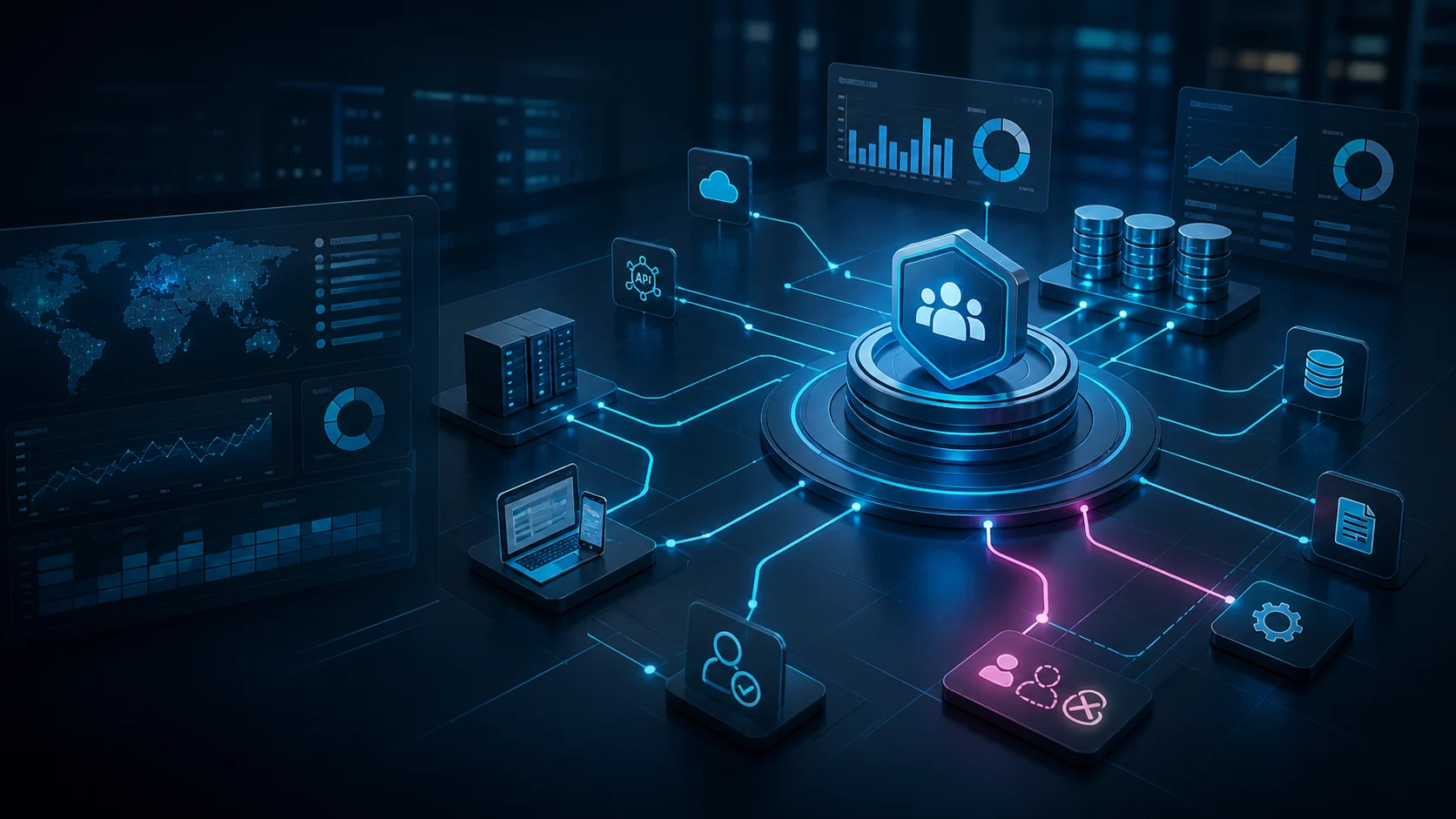Vista corporativa de integración de accesos, reportes y sistemas